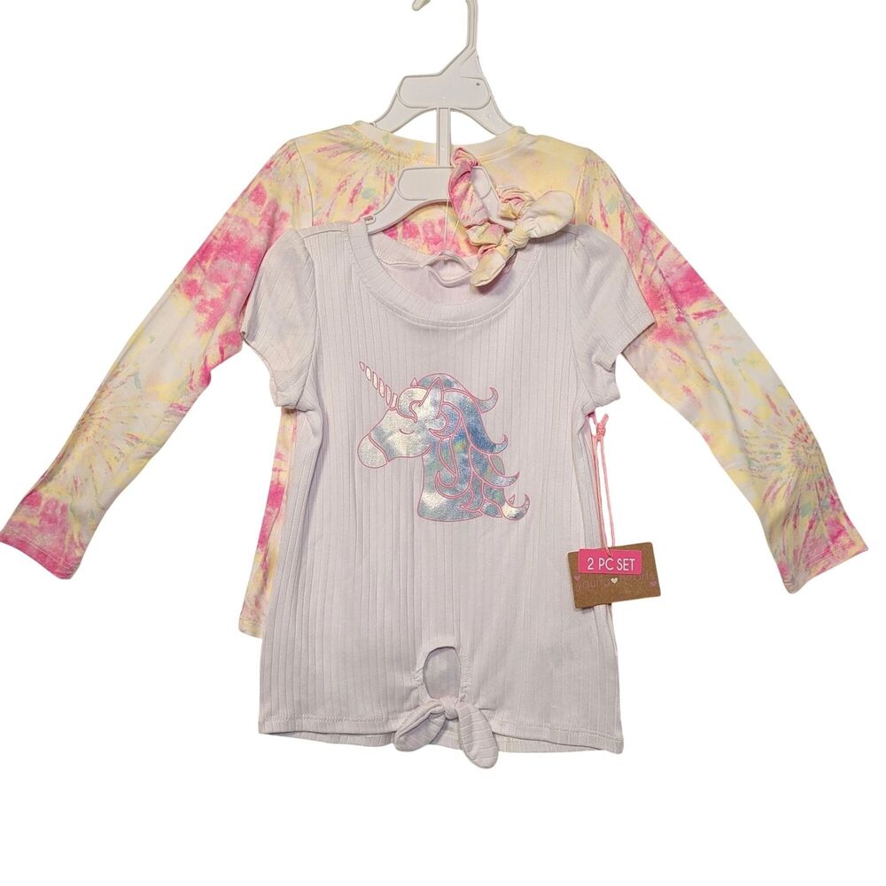 Young Heats 2 Pc Girls Unicorn Top & Tie-Dye Long Sleeve Shirt Set with Bow 5